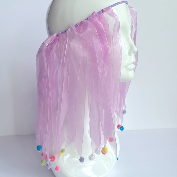 Lavender Ribbon Headpiece with Colorful Pom Poms Handmade - Picture 1 of 10